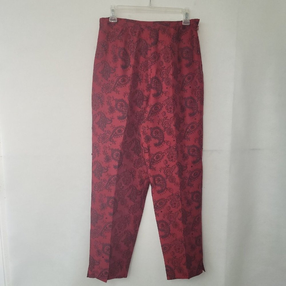 Silkland Pant Womens 10 Silk Paisley Print Lined Ankle Beaded Sequin Shimmer